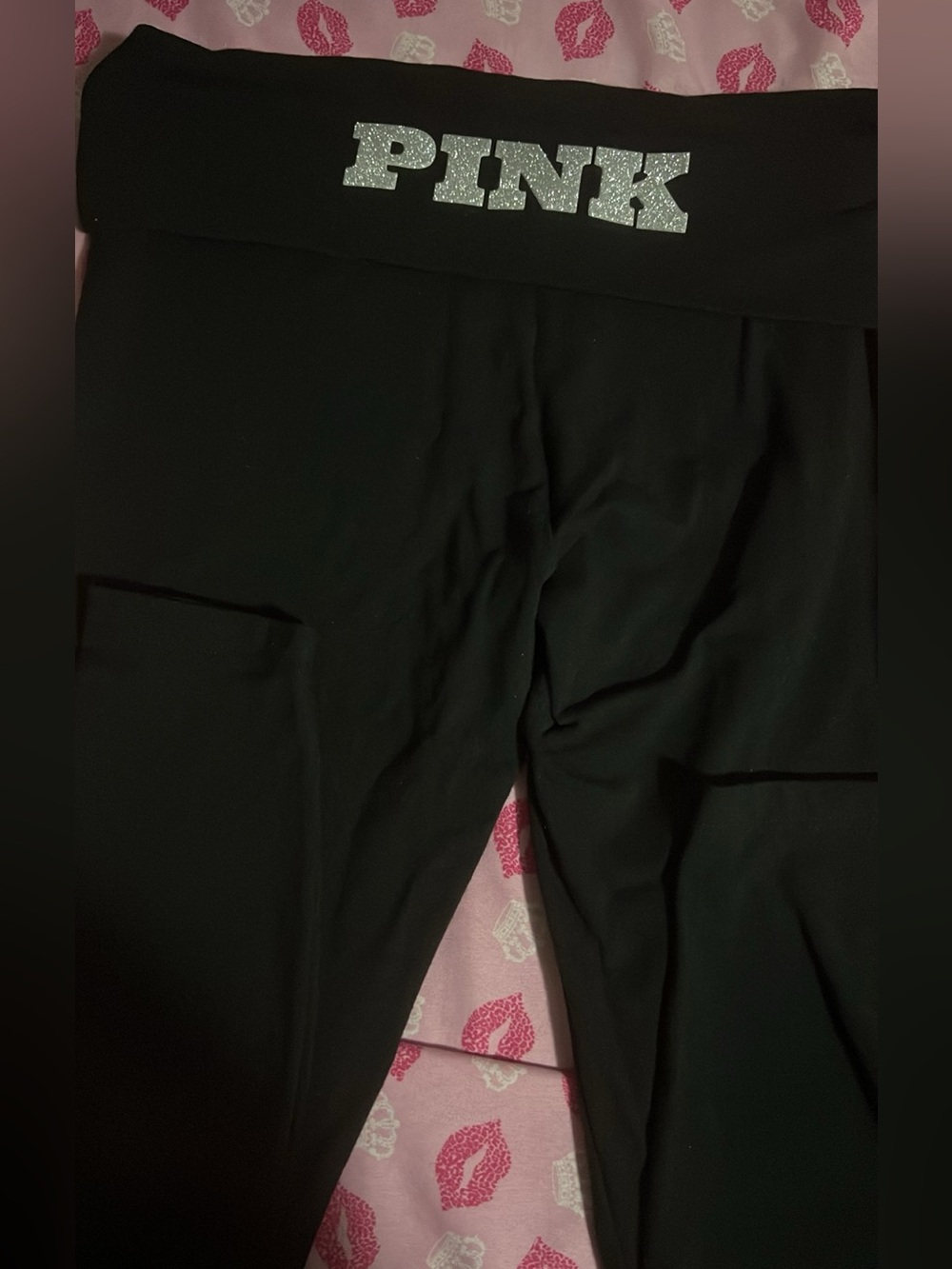PINK Victoria's Secret Black Foldover Leggings with Silver Glitter Logo